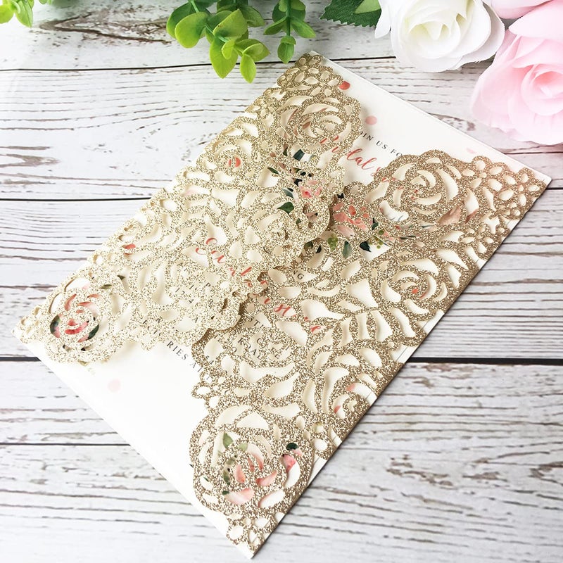 KUCHYNEE دعوات زفاف ذهبية 20 قطعة 5.12 x 7.28'' مع رباط بورجوندي مقصوص بالليزر على شكل زهور وردية لحفل الزفاف والدعوات (بريق ذهبي) - Image 5
